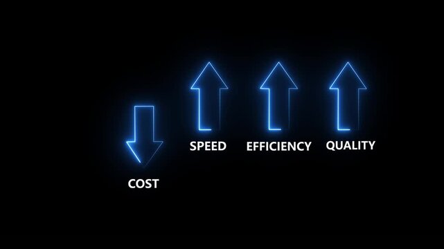 neon arrows showing business growth, speed, efficiency, quality and cost comparison on a black background.4k