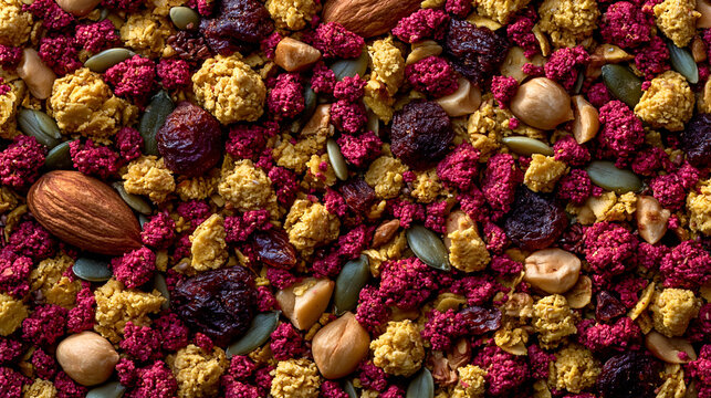 Healthy granola cereal mix with dried berries nuts and seeds fruit whole grain