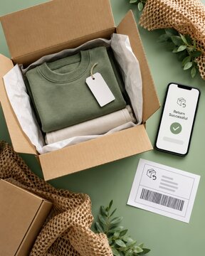 Cardboard box with folded apparel and shipping label rests on a green background alongside a smartphone.