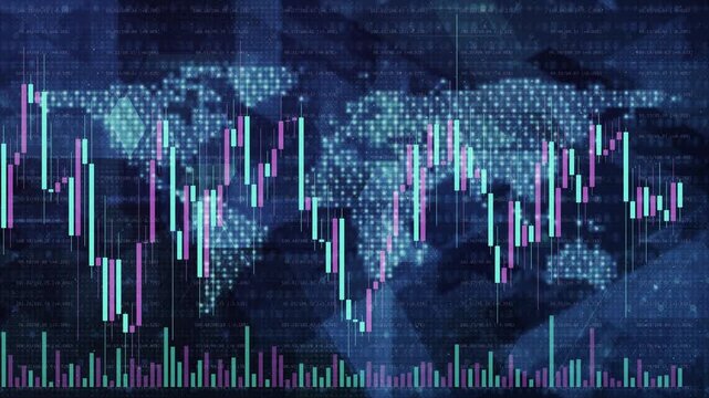 Global financial stock market charts fluctuate dynamically over a glowing digital world map background, illustrating international economic activity.