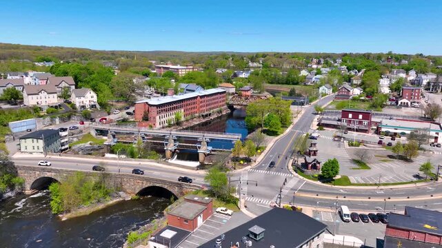 Woonsocket Main Street Historic District aerial view, including Main Street Bridge, Woonsocket Falls Dam and Market Square, downtown Woonsocket, Rhode Island RI, USA.