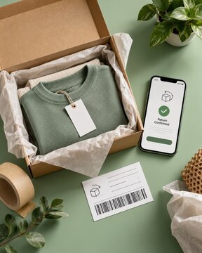 Cardboard shipping box containing a folded green sweater with a price tag sits on a green surface beside a smartphone displaying a return confirmation app.