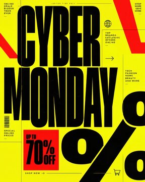 Cyber Monday promotional poster featuring bold black typography and percent signs over vibrant yellow background.