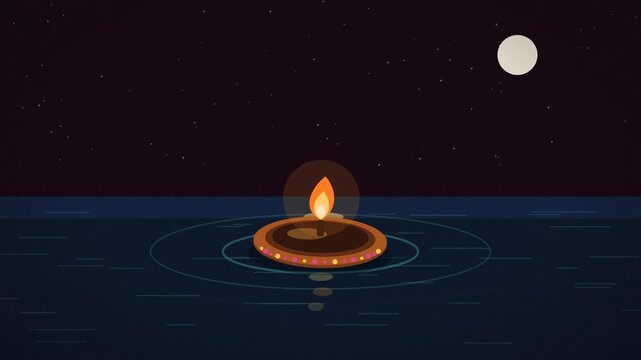 Floating clay diya on night water with flame reflection ripples