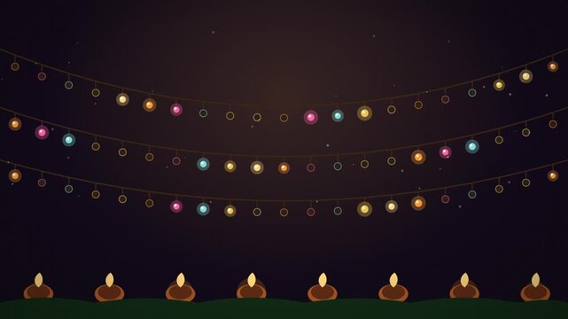 Festoon string lights chasing over courtyard of lit diyas in loop