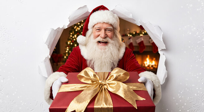 Santa Claus peeking through torn white paper holding a large red gift box with gold ribbon, festive holiday atmosphere. Christmas celebration, winter holidays, seasonal greeting.