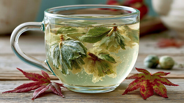Clear glass cup filled with fresh herbal tea and mint leaves on rustic wooden table