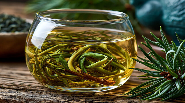 Clear glass bowl filled with fresh pine needle tea on rustic wooden background