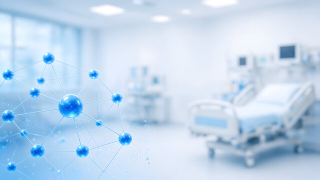Digital blue nodes with a hospital for technology medical concept