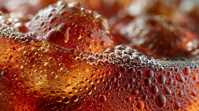 Extreme close up view of refreshing iced cola drink with carbonated bubbles