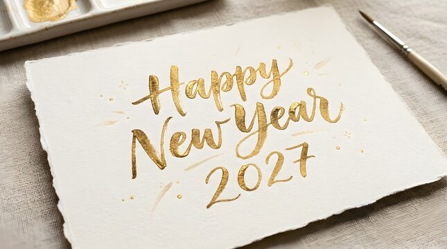A beautiful handwritten note featuring the phrase happy new year s day2027 written in elegant gold ink on textured paper