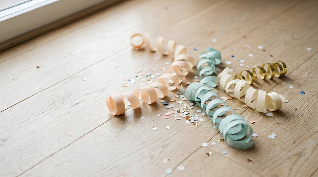 Party streamers and confetti scattered on a wooden floor after a celebration