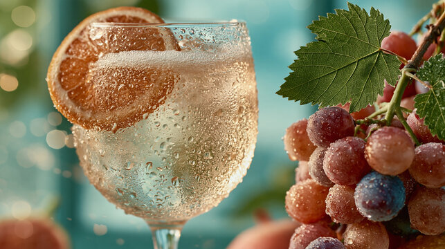 A sparkling white wine glass garnished with fresh orange slice beside cluster of grapes