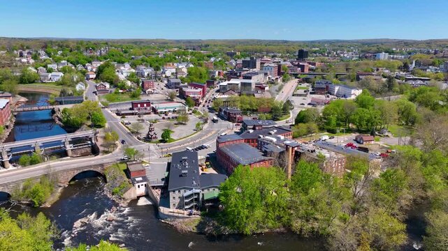 Market Square aerial view at Woonsocket Main Street Historic District in downtown Woonsocket, Rhode Island RI, USA.