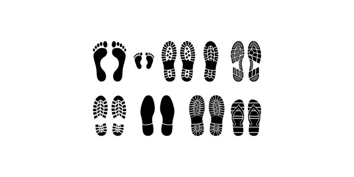 Footprints and footwear soles set featuring bare feet boot treads flip flops sneaker tracks black vector icons collection.