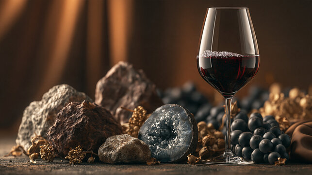 Crystal glass of red wine paired with dark grapes and mineral rocks on wooden table