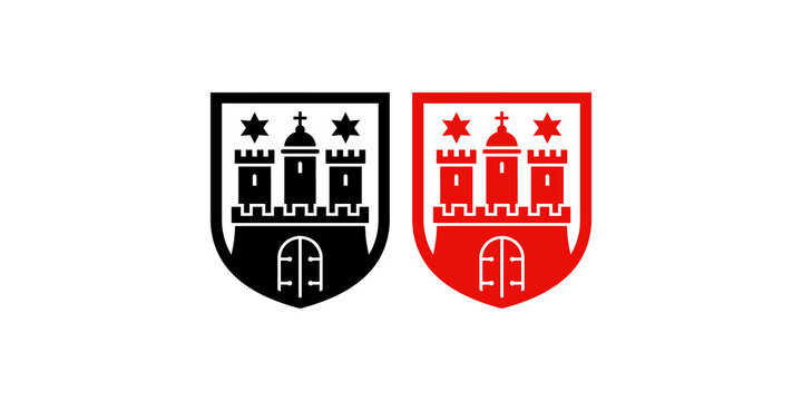 Medieval castle tower emblems in black and red for heraldry signage or historical architectural design projects.