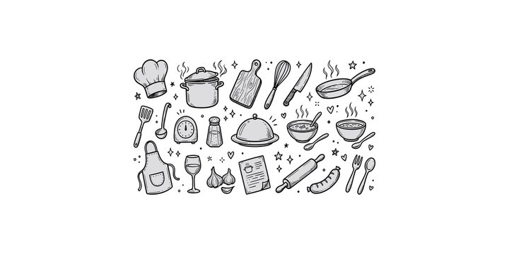 Kitchenware doodle set with chef hat cooking pot frying pan utensils and food icons for culinary recipe theme.