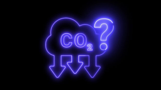Glowing blue CO2 symbol with question mark and arrows on black