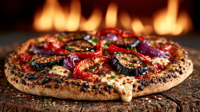 Freshly baked homemade pizza with roasted vegetables and melted cheese fast food mushroom