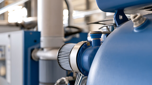 Industrial air compressor system with blue metal housing and metal filter element inside modern manufacturing factory plant production line