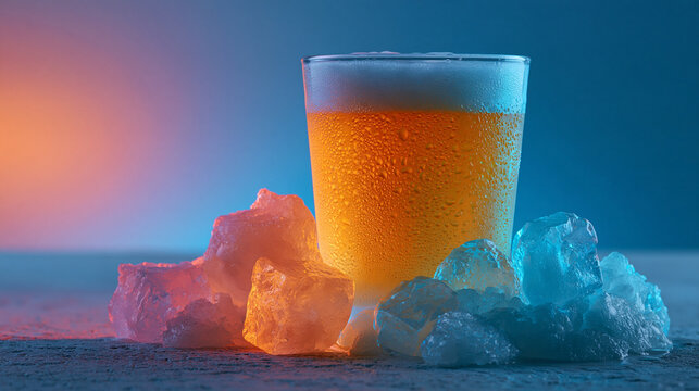 Cold glass of beer surrounded by glowing multicolored ice cubes