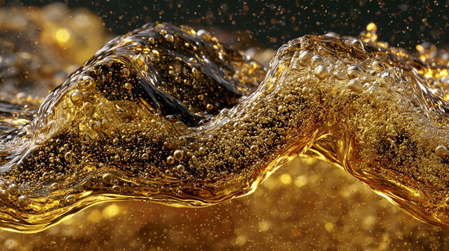 Close-up of golden beer splashing with dynamic bubbles and foam