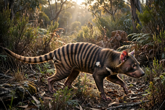 An extinct thylacine, or Tasmanian tiger, with its distinctive stripes, walks through a sun-dappled forest floor, a haunting glimpse into a lost world.