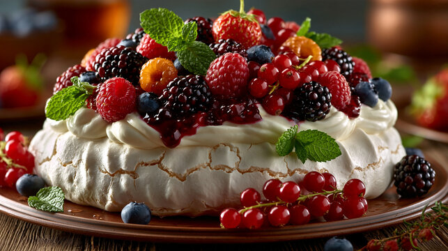 Delicious pavlova cake topped with whipped cream raspberries blueberries mint leaves