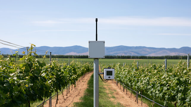 Smart agriculture weather station device in a vineyard field with grape vine plants Vitis vinifera under a clear blue sky landscape view