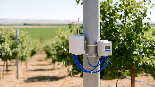 Smart agriculture weather station device sensor monitor unit mounted on metal pole in modern apple orchard farm field for remote crop control