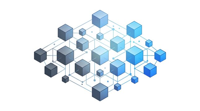 Isometric blockchain technology network vector illustration with interconnected 3d cubes and data block nodes on white background