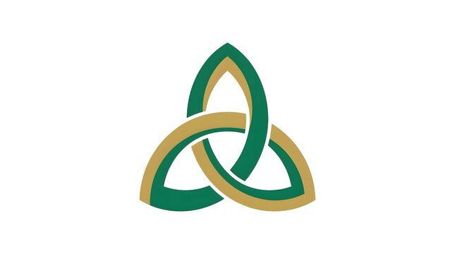 Green and gold Celtic triquetra knot symbol isolated on white background, traditional trinity emblem vector design for spiritual logo