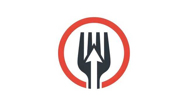 Modern restaurant or food delivery logo design with a stylized fork and upward arrow inside a red circle
