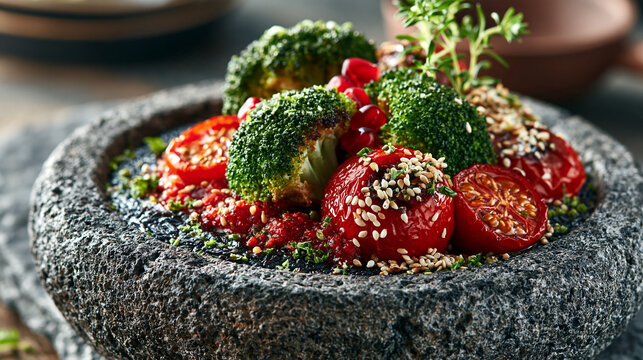 Fresh broccoli and cherry tomatoes seasoned with sesame seeds in a stone bowl