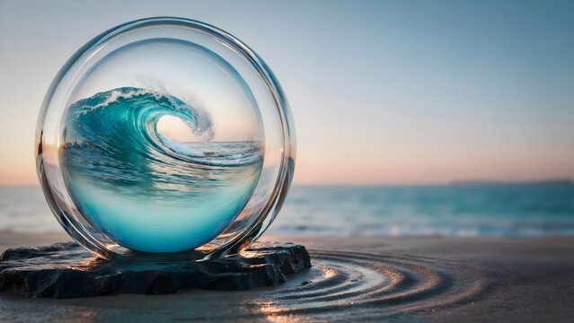 Ocean wave inside a glass sphere resting on sand at sunset beach shore
