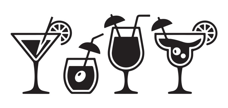 Cocktail icons set with diverse drink glasses containing paper umbrellas citrus slices and straws for cafe menus.