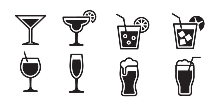 Set of black cocktail and beer glass silhouettes with straws and fruit garnish isolated on transparent file.