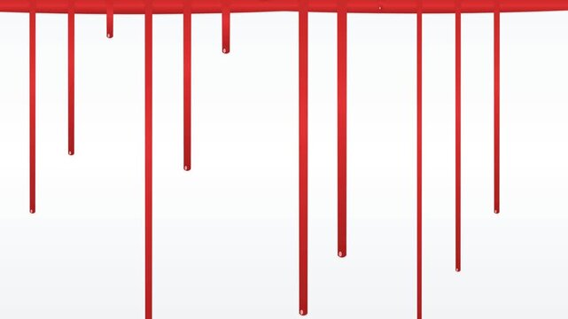 Simulated biological fluid human blood dripping and flowing slowly over sterile white laboratory surface with glossy reflections, macro clinical science and medical forensic concept background
