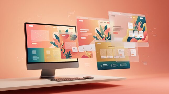 3D render of computer screen showing web design interface on desk