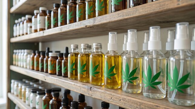 Cannabis and CBD products, neatly arranged on dispensary shelves in a retail shop or pharmacy, representing medical marijuana treatments, wellness products, and the growing cannabis industry
