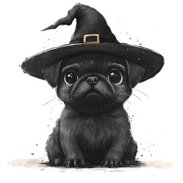 Cute black pug puppy wearing a witch hat for Halloween celebration