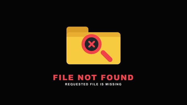 Flat design illustration of a folder icon with a magnifying glass and cross symbol indicating file not found.