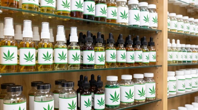 Cannabis and CBD products, neatly arranged on dispensary shelves in a retail shop or pharmacy, representing medical marijuana treatments, wellness products, and the growing cannabis industry