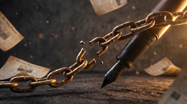 Broken rusted chain being cut by metal tool on aged wooden surface with scattered documents with slices through weathered chain snaps apart weathered wood separation roughness