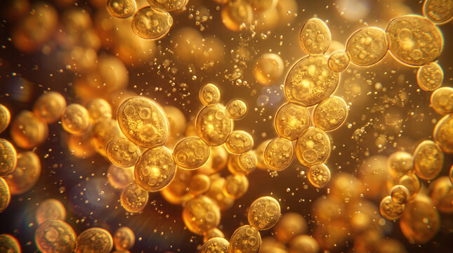 Yeast cell budding and multiplying in warm golden liquid, showing biological growth, fermentation, and microscopic activity