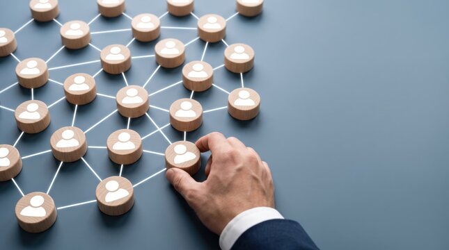 Hand in a dark blue suit sleeve placing a wooden token with a white human figure into a connected network of similar tokens on a grey background