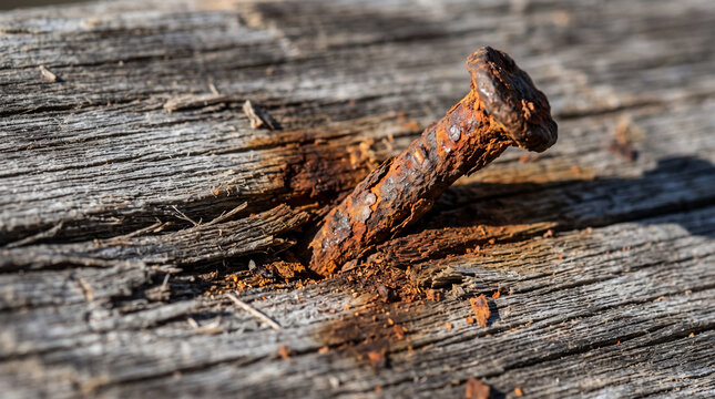 Rusty Nail in Weathered Wood: A close-up macro shot reveals a deeply rusted nail embedded in aged, rough-textured wood, showcasing the effects of time and exposure.