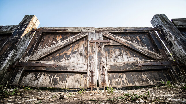 Weathered Wooden Gate: An old, rustic wooden gate stands stoically, its paint peeling to reveal years of history, set against a clear blue sky, inviting passage into a forgotten realm.
