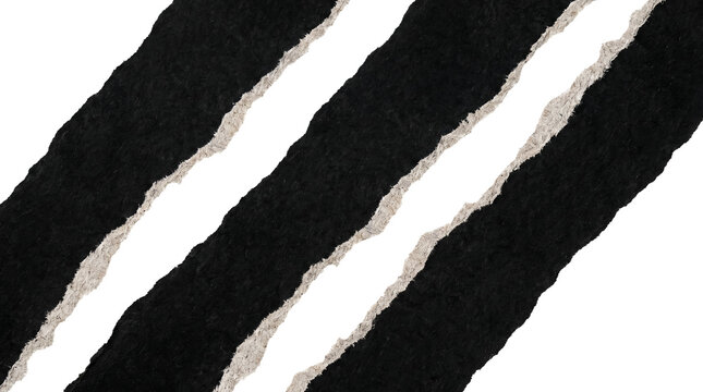 Three Diagonal Torn Black Charcoal Paper Strips Isolated on Transparent Background, Ripped Dark Kraft Cardstock with White Fibrous Edges Cutout PNG